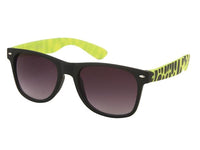 Load image into Gallery viewer, The Sonnenbrille Zebra Kleckse Unisex Nerd Brille features black frames, dark lenses, and yellow-green arms with black animal print, combining retro style and 400 UV protection for trendy, safe wear.
