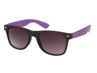 Load image into Gallery viewer, Sonnenbrille Punkte Unisex Nerd Brille mit dunkel getönten Gläsern, UV 400 Schutz, schwarzen Linsen und lila Bügeln mit Polka-Dot-Muster innen.

