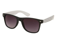Load image into Gallery viewer, The Sonnenbrille Punkte Unisex Nerd Brille features black frames, dark lenses, and white arms with black polka dots, offering UV-Schutz 400 for stylish retro flair and modern eye protection.
