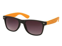 Load image into Gallery viewer, The Sonnenbrille Punkte Unisex Nerd Brille features black frames, orange arms, a black polka dot inner pattern, and dark gradient lenses with 400 UV protection—perfect for a cool retro style.
