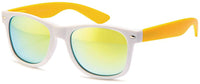 Load image into Gallery viewer, The Sonnenbrille verspiegelt 400 UV Nerdbrille weiß bunte Bügel features a white frame, colorful arms, and yellow-green mirrored lenses that provide stylish UV 400 protection for your eyes.
