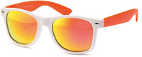 Load image into Gallery viewer, The Sonnenbrille verspiegelt 400 UV Nerdbrille weiß bunte Bügel features white frames, colorful arms, and orange-yellow mirrored lenses, combining style with UV 400 protection for your eyes.
