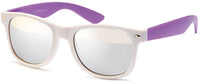 Load image into Gallery viewer, Sonnenbrille verspiegelt 400 UV Nerdbrille weiß mit bunten Bügeln und UV-Schutz 400, dargestellt vor weißem Hintergrund.

