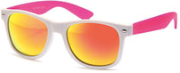 Load image into Gallery viewer, A pair of Sonnenbrille verspiegelt 400 UV Nerdbrille mit weißem Rahmen, orange-gelben Gläsern und bunten Bügeln bietet stilvollen Look und zuverlässigen UV-Schutz 400 für Ihre Augen.
