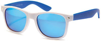 Load image into Gallery viewer, The Sonnenbrille verspiegelt 400 UV Nerdbrille features white frames, colorful blue arms, and reflective blue lenses with UV 400 protection. Displayed on a white background.
