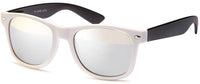 Load image into Gallery viewer, The Sonnenbrille verspiegelt 400 UV Nerdbrille weiß mit bunten Bügeln is shown on a white background, featuring stylish, mirrored lenses and offering UV-Schutz 400.
