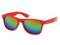 Load image into Gallery viewer, The Sonnenbrille rot weiß Nerdbrille silber gold Rainbow verspiegelt 400 UV features red frames and rainbow-mirrored lenses in retro style, offering UV 400 protection, shown on a white background.
