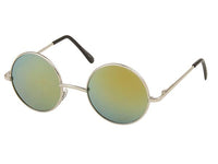 Load image into Gallery viewer, The Sonnenbrille Unisex Rund Hippie Brille John Lennon 400UV features thin silver metal frames and mirrored lenses in yellow, green, and blue shades for an iconic retro look, displayed on a white background.
