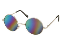 Load image into Gallery viewer, The Sonnenbrille Unisex Rund Hippie Brille John Lennon 400UV features thin silver frames, rainbow mirrored lenses, and black-tipped arms, capturing the iconic retro style of classic John Lennon glasses against a white background.

