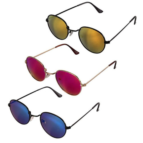 Drei Paar Sonnenbrille kleine Gläser John Lennon Hippie Brille aus Metall, bunt verspiegelt in Gold, Pink und Blau, mit UV 400 Schutz. Die unisex Brillen sind vertikal auf weißem Hintergrund angeordnet.
