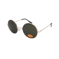 Load image into Gallery viewer, The Sonnenbrille rund Glamour goldfarben John Lennon getönt 400UV Vintage features thin gold metal frames, dark lenses, "Play Future" orange sticker, and black-tipped earpieces for a true vintage look.
