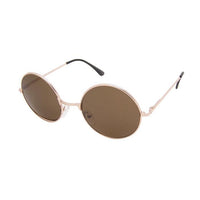 Load image into Gallery viewer, Sonnenbrille rund Glamour goldfarben John Lennon getönt 400UV Vintage: Gold metal frames, dark brown lenses, thin arms with black tips—classic vintage style, inspired by John Lennon, displayed on white background.

