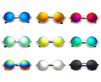 Load image into Gallery viewer, Nine Sonnenbrille Unisex Rund Hippie Brille John Lennon 400UV with colored reflective lenses—blue, yellow, red, green, light blue, orange, rainbow, silver, and black—arranged in three rows. Perfect for hippie Brille fans!.
