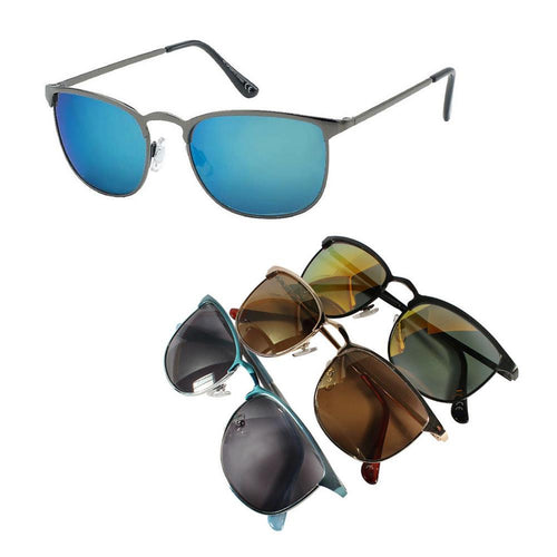 Five pairs of Sonnenbrille Retro Metallrahmen Brille, getönt und verspiegelt mit 400 UV-Schutz, in verschiedenen Farben und Styles liegen auf weißem Hintergrund. Eine Unisex-Brille ist separat darüber angeordnet.