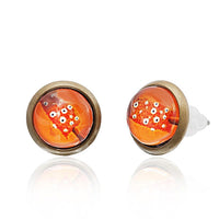 Load image into Gallery viewer, A pair of round Brass Ohrstecker Stern Sterne bunt unisex earrings, made from nickel-free stainless steel with 12 mm settings and vibrant star-patterned glass centers.
