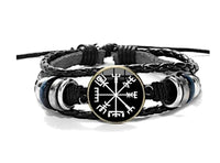 Load image into Gallery viewer, Viking Kompass Leder Armband schwarz silber verstellbar
