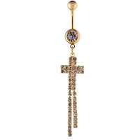 Cargar imagen en el visor de la galería, Bauchnabelpiercing golden Kreuz Reihen Zirkonia Steine zwei Kugeln Edelstahl - chic - net.de
