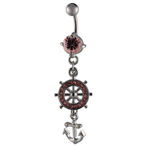 Bauchnabelpiercing silberfarben Schiffsruder Anker Zirkonia rosaEdelstahl - chic - net.de