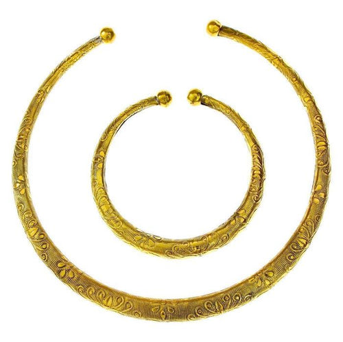 Brass Messing Tribal Set Armreif Kette golden schwarz rund Blüten gemustert nickelfrei antik offen - chic - net.de