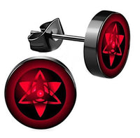 Load image into Gallery viewer, The Edelstahl Ohrstecker schwarz rot 8mm Sharingan Auge features a black and red five-pointed star design, inspired by the Naruto Sharingan symbol—perfect Manga Schmuck for any Anime fan.
