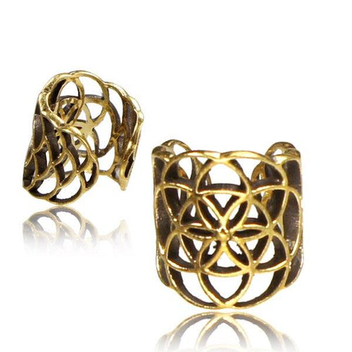 Fake Helix Ear cuffs Ohrklemmen 9 mm breit Blume des Lebens Muster Messing antik golden - chic - net.de