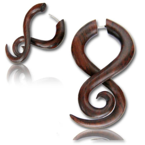 Fake Holz Piercing acht überlappend spiralig Narra Wood Plug nickelfrei Edelstahl Ohrstecker Organic - chic - net.de