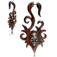 Load image into Gallery viewer, Fake Holz Piercing Narra Wood Steel Inlay Totenkopf spiralig Edelstahl Ohrstecker Organic Tribal - chic - net.de
