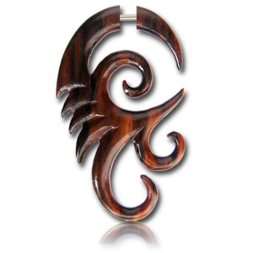 Fake Holz Piercing spiralig Zacken Narra Wood Plug nickelfrei Edelstahl Ohrstecker Organic Tribal - chic - net.de