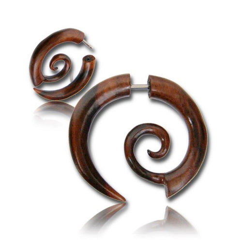 Fake Holz Piercing Tribal Spirale dick dünn Narra Wood nickelfrei Edelstahl Ohrstecker Organic - chic - net.de