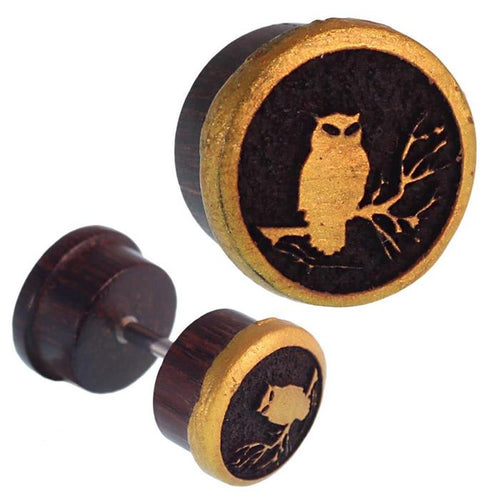 Fake Holz Plug Tamarinde dunkelbraun golden Rand Eule Ast Gravur Piercing - chic - net.de