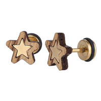 Load image into Gallery viewer, Fake Piercing Expander goldfarben Stern in hellem Holzrahmen Schaubverschluss Edelstahl - chic - net.de
