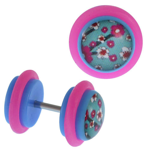 Fake Piercing Plug blau Blumenwiese Gummiring rosa 7 mm - chic - net.de