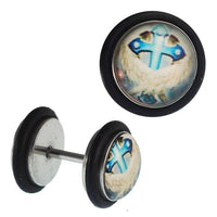 Load image into Gallery viewer, Fake Piercing Plug Edelstahl Kreuz blau schwarz Gummiring 7 mm - chic - net.de
