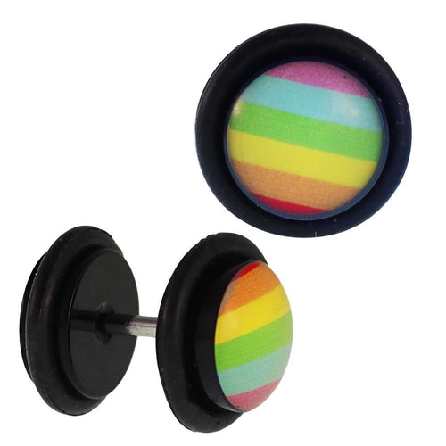 Fake Piercing Plug schwarz Streifen bunt Gummiring 7 mm - chic - net.de