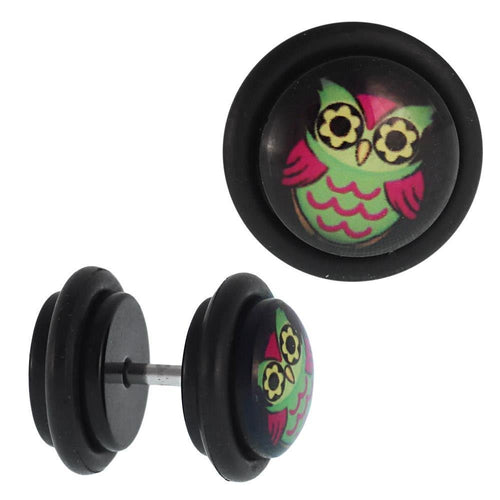 Fake Piercing Plug Tunnel Eule pink hellgrün große runde Augen Acryl Gummiring 7 mm - chic - net.de
