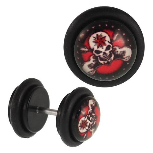 Fake Piercing Plug Tunnel Totenkopf rot Punkte Stern schwarz Gummiring 7 mm - chic - net.de