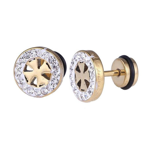 Fake Plug Piercing Edelstahl golden Rand Zirkonia Steine Kreuz mittig - chic - net.de