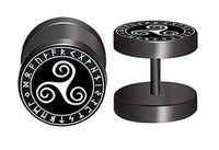 Load image into Gallery viewer, The Fake Plug Piercing Edelstahl 10mm Blume des Lebens Viking features a sleek silver tone with a central triskelion design, accented by runic symbols around the edge, inspired by Blume des Lebens motifs.
