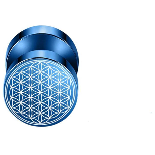 A pair of Fake Plug Piercing Edelstahl 10mm Blume des Lebens Viking in metallic blue, featuring a white geometric Blume des Lebens pattern on the front, displayed against a plain white background.