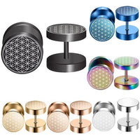 Load image into Gallery viewer, The Fake Plug Piercing Edelstahl 10mm Blume des Lebens Viking features a geometric design in black, blue, rainbow, gold, rose gold, or silver—ideal as stylish fake piercings or Edelstahl plugs.
