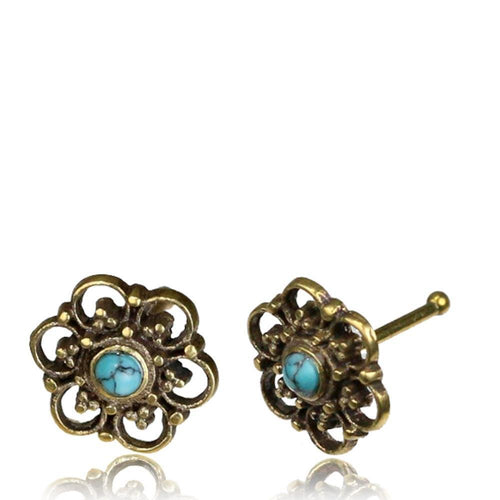 Gerader Nasenstecker (oder Tragus) Türkis golden Blümchen Brass 8 mm lang - chic - net.de