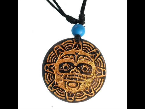 Holzkette golden Sonnenmaske Türkis Stein Sonoholz Baumwolle verstellbar unisex - chic - net.de