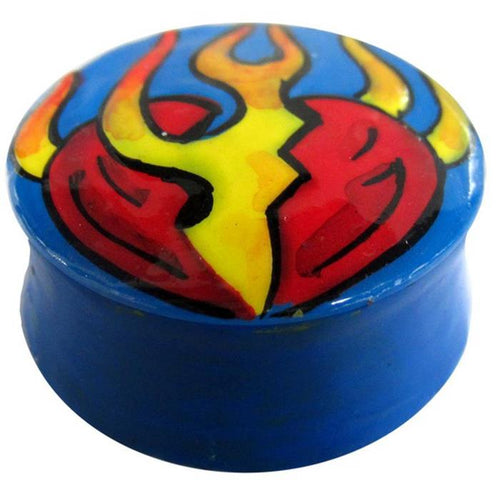 The Holz Plug Herz Flammen blau gelb rot Tunnel double flared is a round blue container with a lid adorned by a red heart and yellow flames—ideal for storing your lobe piercing accessories or unisex Holz Schmuck.