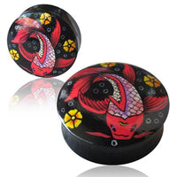 Load image into Gallery viewer, Holz Plug Fisch Koi Asia rot schwarz Tunnel Unisex Ohrschmuck Teakholz
