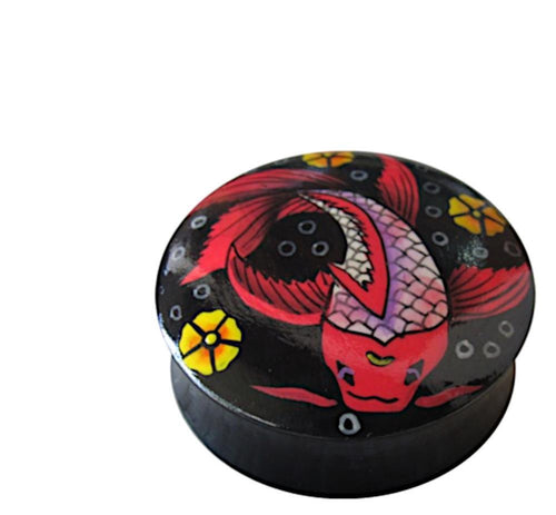 Holz Plug Fisch Koi Asia rot schwarz Tunnel Unisex Ohrschmuck Teakholz