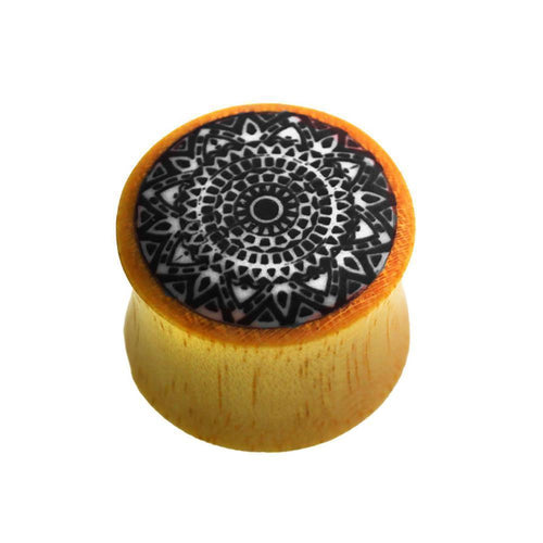 Holz Plug hell schwarz weiße Mandala Blume Resin Inlay Tribal Piercing
