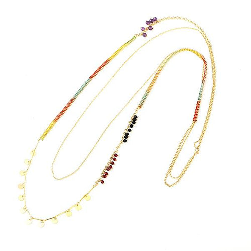 Kette 18 karat vergoldet Faden Regenbogen Plättchen Stein Perlen nickelfrei Karabiner lang zweilagig - chic - net.de