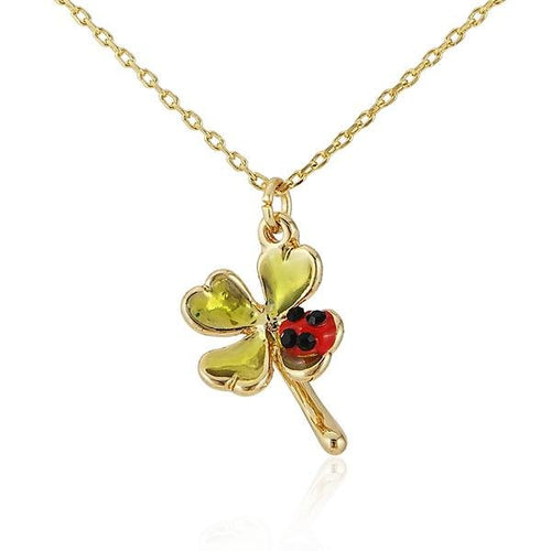 Kette 18 karat vergoldet Kleeblatt Glück Marienkäfer Kristall Emaille nickelfrei Karabiner rot grün - chic - net.de