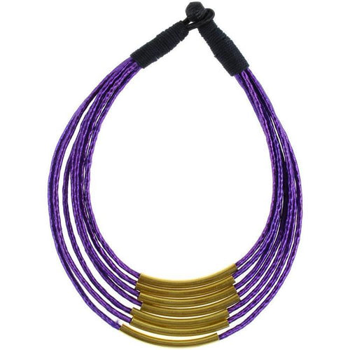 Kette Messing lila Rohre gebogen Seidenfaden mehrlagig nickelfrei 46 cm antik Tribal Brass - chic - net.de