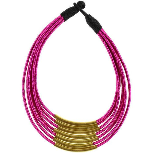 Kette Messing pink Rohre gebogen Seidenfaden mehrlagig nickelfrei 46 cm antik Tribal Brass - chic - net.de